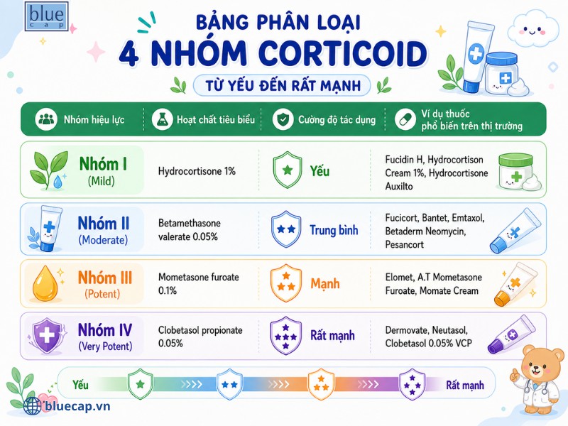 Bảng phân loại 4 nhóm corticoid