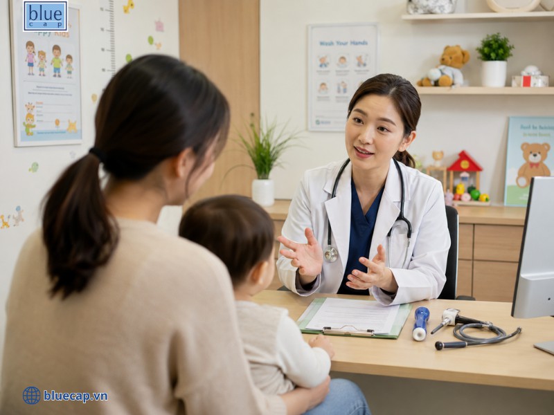 Cha mẹ nên đến thăm khám bác sĩ để có hướng điều trị và chăm sóc đúng cách