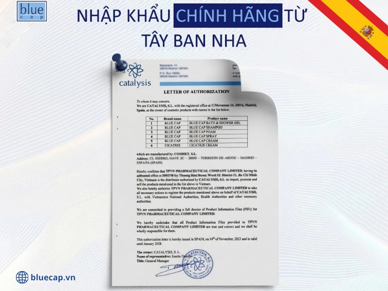 Giấy ủy quyền của Catalysis S.L. cho phép TPVN Pharma nhập khẩu và phân các sản phẩm