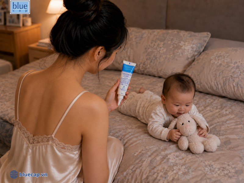 Sử dụng sản phẩm như Blue Cap Cream để dưỡng ẩm cho trẻ bị chàm sữa hàng ngày